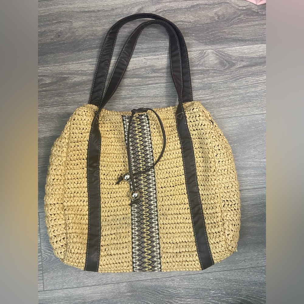 New York & Company Large Woven Straw Tote Bag adjustable Side Button Lightweight